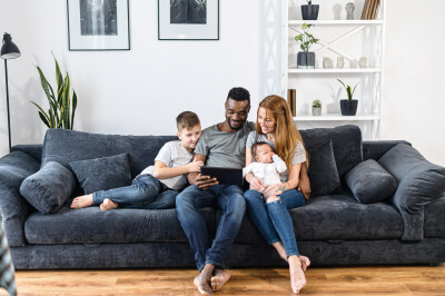 A family sitting on the couch 